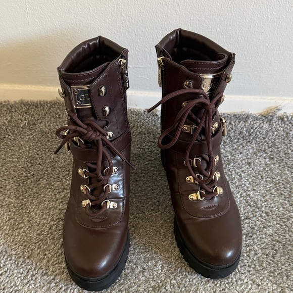 Guess Shoes - Guess Dark Brown Combat Boots with Silver Accents